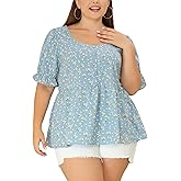 Agnes Orinda Plus Size Tops for Women Blouses Sweetheart Neck Floral Peplum Top 2024