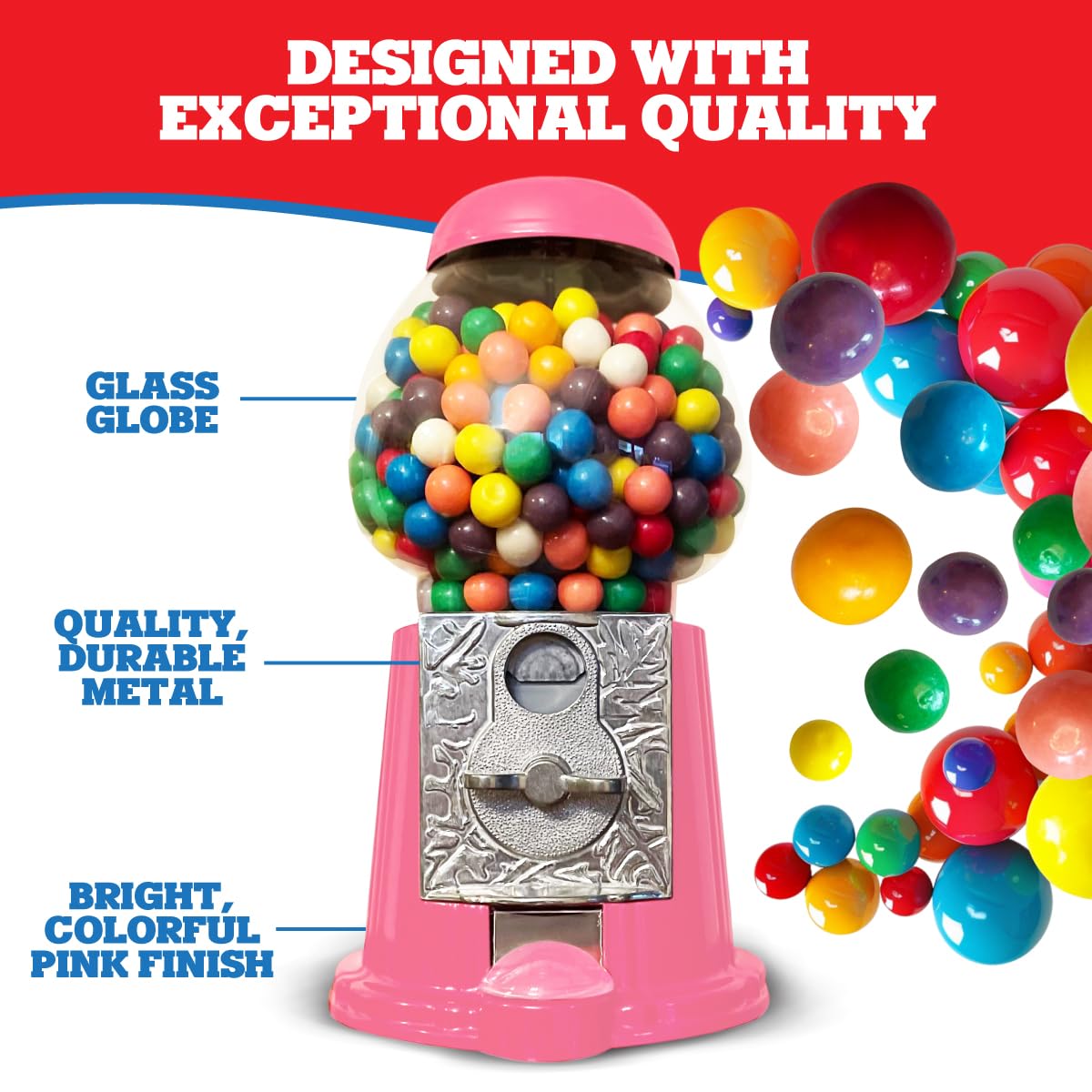 American Gumball Company - Metal 11-Inch Retro Style Pink Gumball Machine, Made for 0.62 Inch Gumballs, Candy or Nuts, Accepts Any US Coin