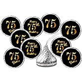 75th Birthday Black Kisses Stickers, (Set of 216) Chocolate Drops Labels Stickers for 75 Birthday, Party Favors Decor for Kisses. Made in USA,