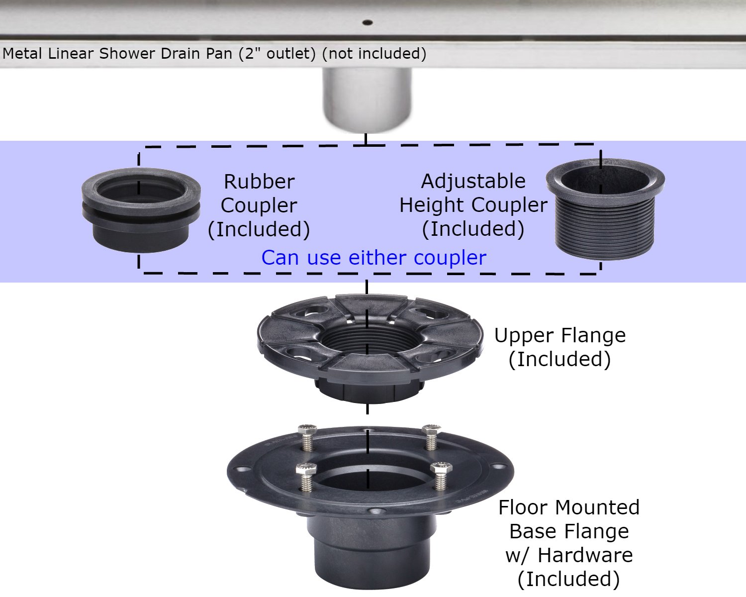 Shower Drain Base with Adjustable Ring + Rubber Coupler for Linear