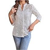 SweatyRocks Women's Floral Button Down Shirts Blouses V Neck 3/4 Length Sleeve Tops Business Outfits