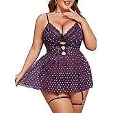 Mixxmix Plus Size Lingeire for Women Mesh Babydoll Dress with Gater Belt Lace Nightgown Chemise