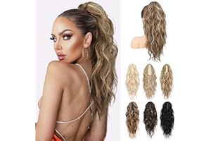 LONAI Ponytail Extension, 18" Wavy Claw Clip Ponytail Extensions Shoulder Length Curly Wavy Claw Clip in Ponytail Hair Extensions Ponytails Hairpieces - Deep Dark Blonde with Blonde Highlights