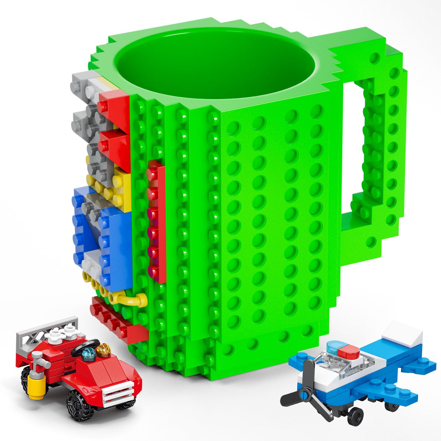 DAYMOO Build-on Brick Mug Set with 2 Random Packs of 2-in-1 Bricks, Funny Cool Coffee Mugs for Kids Men Him Dad Boys and Girls, Novelty Gifts for Christmas Xmas Easters Birthdays - Green