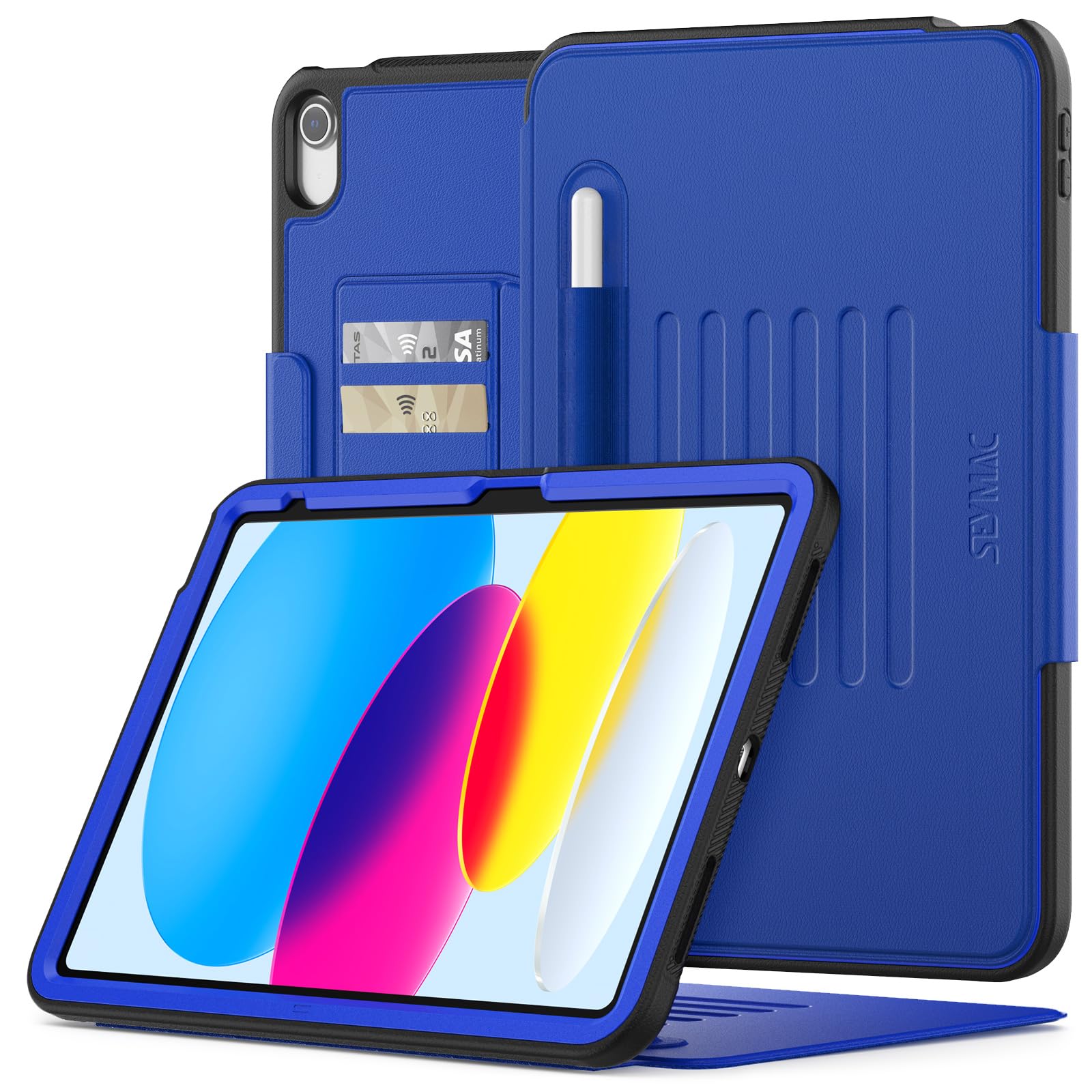 SEYMAC Case for iPad (A16)11th 2025/10th 2022 Generation (11/10.9 inch), Magnetic Smart Cover with Auto Sleep/Wake, Card Slots, Multi-angle Stand for iPad A16 Case - Blue