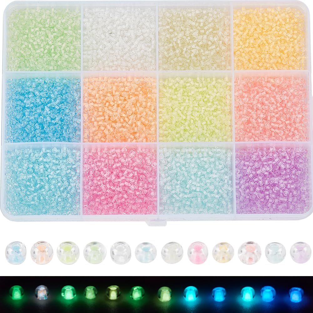 SUNNYCLUE 1 Box 7920Pcs Seed Bead Glass 2mm Glow in the Dark Bead Luminous Transparent Glass Round Seed Spacer Loose for jewellery Making DIY Earrings Bracelets Necklace