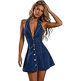 WDIRARA Women's V Neck Halter Denim Dress Button Front Sleeveless Backless A Line Short Dresses