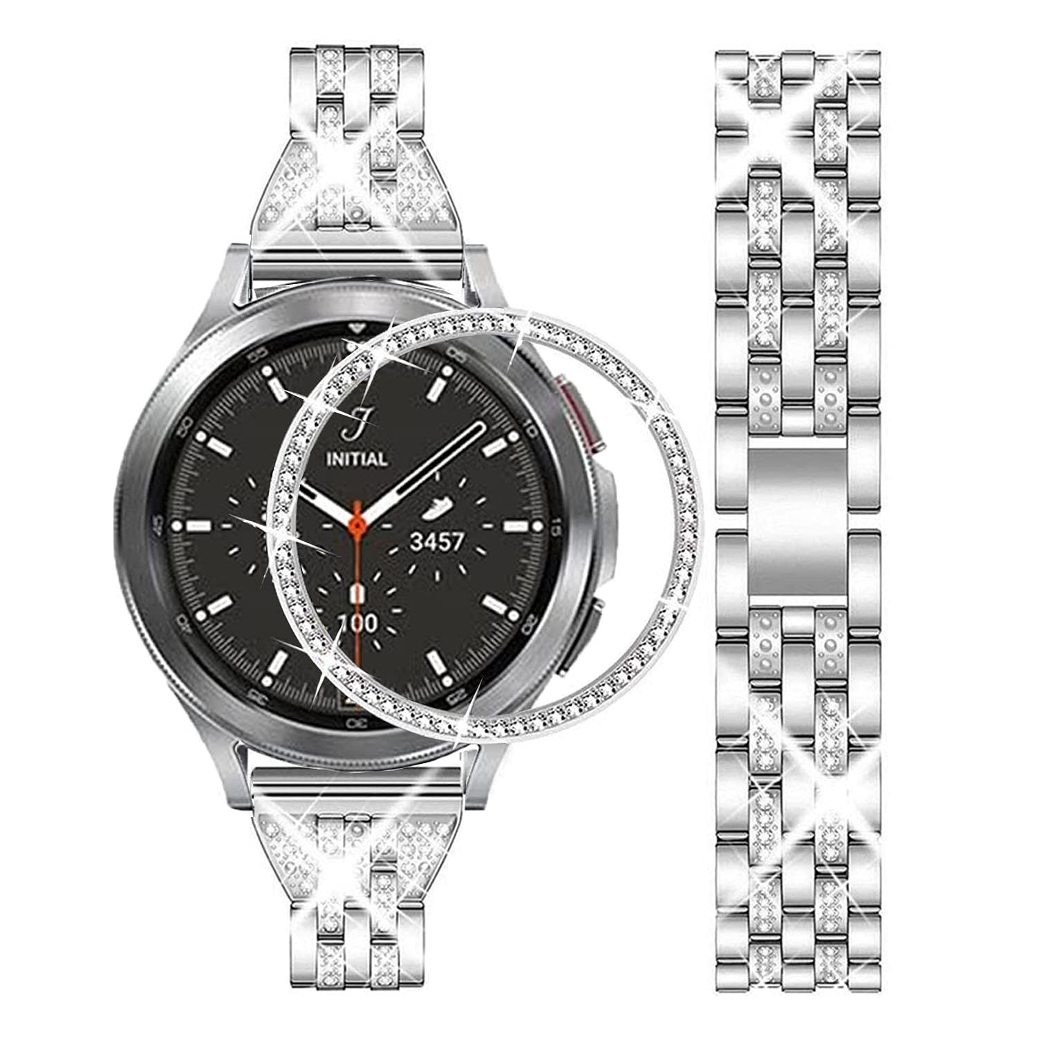 DEALELE Strap Compatible with Samsung Gear Sport / Galaxy Watch 42mm / Galaxy 4 Classic (42mm), 20mm Luxury Rhinestone Diamond Metal Bracelet with Bezel Ring Cover Replacement for Women Men, Silver