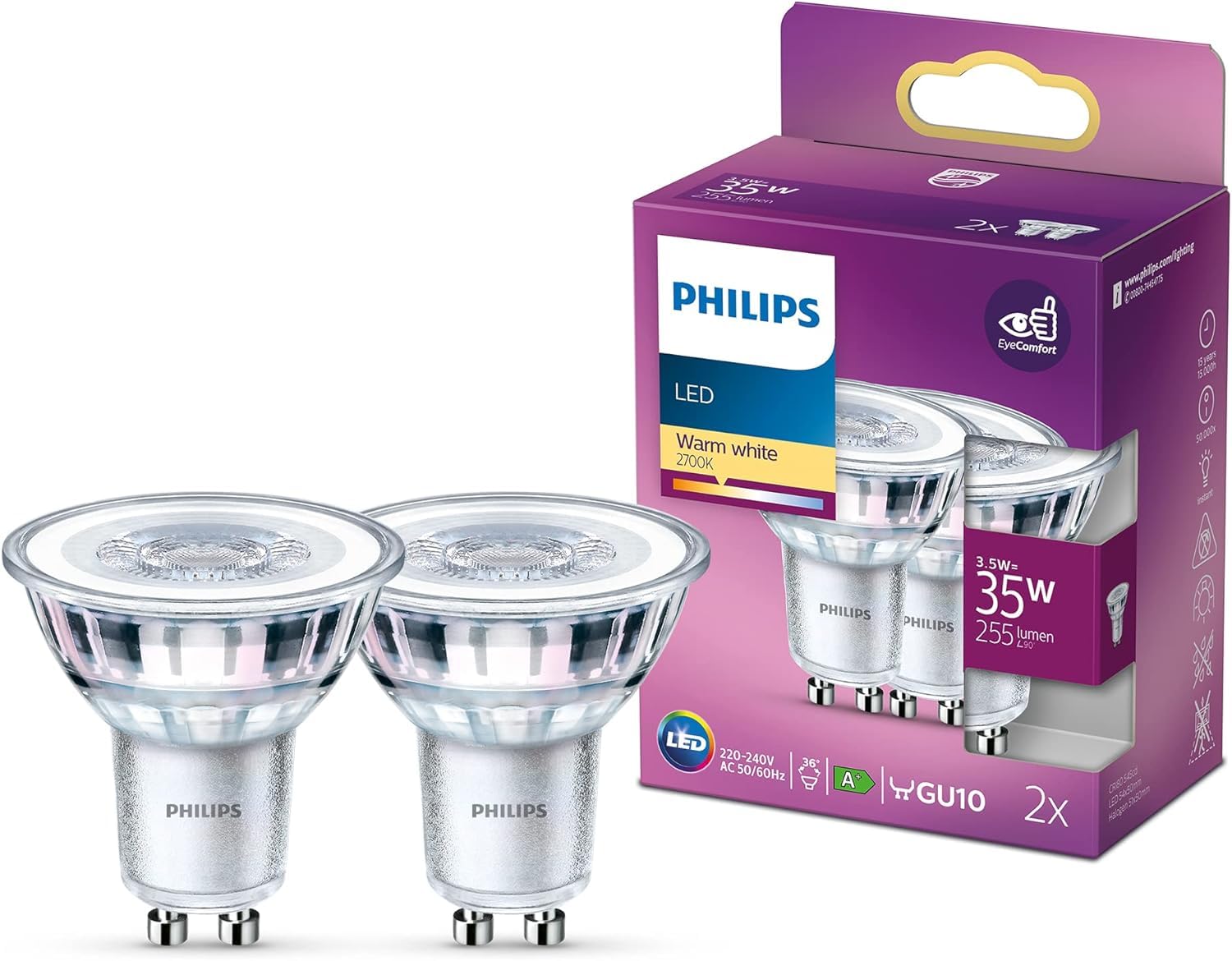 Philips LED Classic Light Bulb 2 Pack [GU10 Spot] 3.5W - 35W Equivalent, Warm White (2700K), Non Dimmable