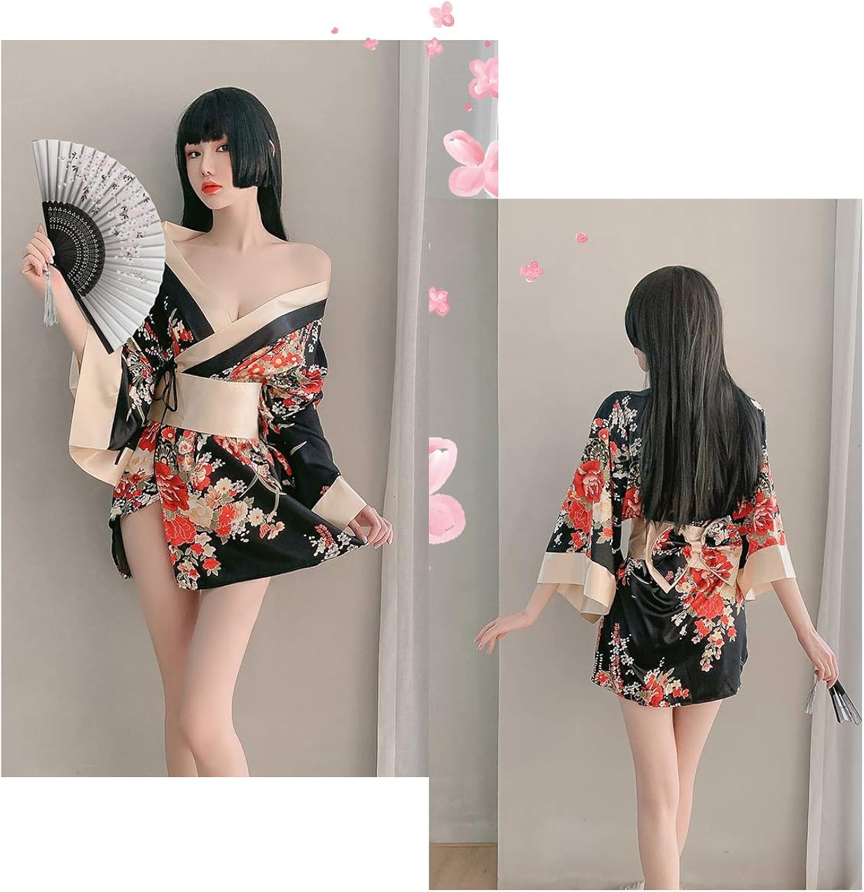 Women's Traditional Japanese Kimono Style Robe Yukata Costumes Pajamas Sexy Cosplay - black - Large, 7972-black - Image 4