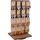 Ikee Design Wooden Rotating Two-Sided Jewelry Display Stand, Rotating Organizer with 32 Hooks for Store, Earring Keychain Display with Hooks, Brown color, 9 W x 7.5 D x 16.5 H in