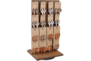 Ikee Design Wooden Rotating Two-Sided Jewelry Display Stand, Rotating Organizer with 32 Hooks for Store, Earring Keychain Display with Hooks, Brown color, 9 W x 7.5 D x 16.5 H in