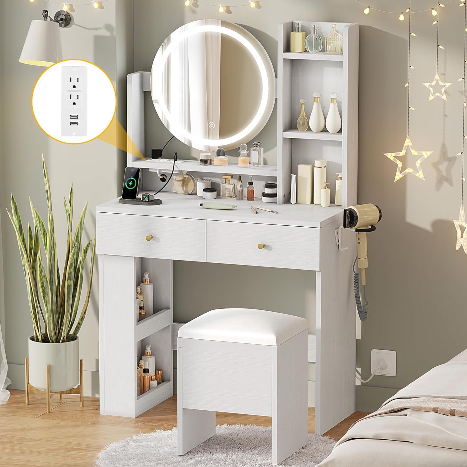 Photo 1 of ***MIRROR NOT INCLUDED***Vanity Desk with Mirror and Lights, Makeup Vanity Table Set with Power Outlets and Chair, 3 Lighting Colors, Makeup Desk with 3 Drawer and Lots Storage Shelves, Bedroom, White Dressing Table