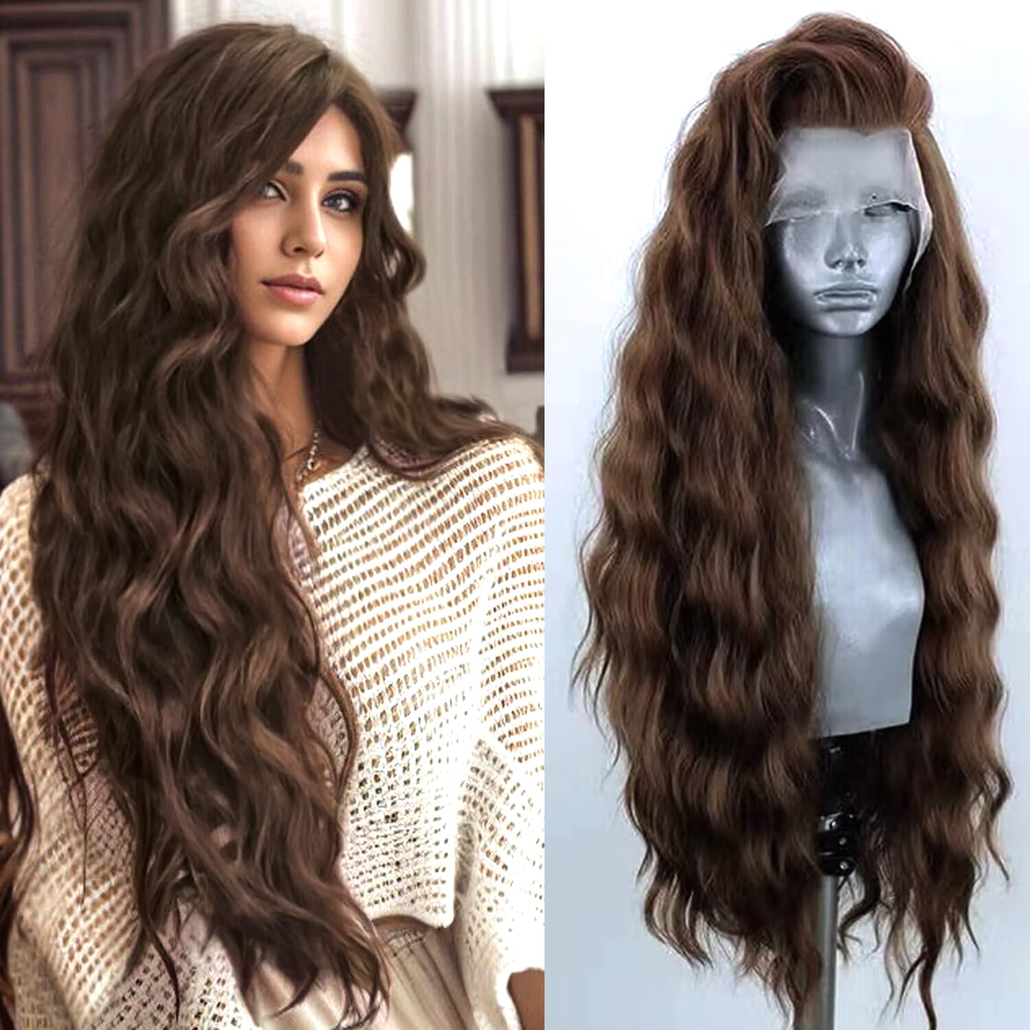 PORSMEER 13x4 Lace Front Dark Brown Wigs with Free Part, Realistic Long Wavy Synthetic Hair Lace Glueless Ladies Wig — image 1
