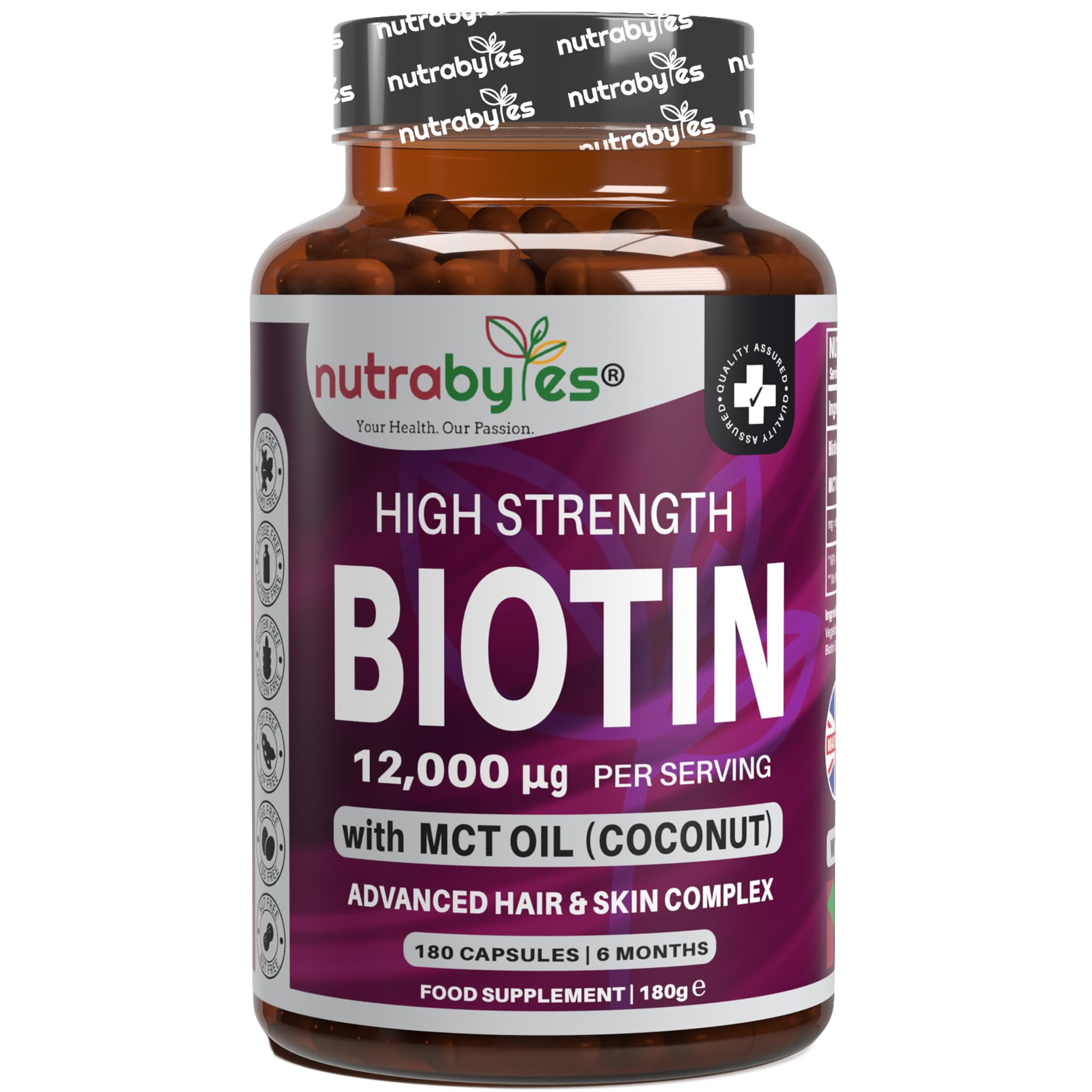 Biotin 12000mcg Hair Growth Supplement | 180 Vegan Capsules with MCT Coconut Oil | Vitamin B7 Hair Skin Nails | Non-GMO Gluten Free | Women & Men | 6 Month Supply | Nutrabytes | Made in UK