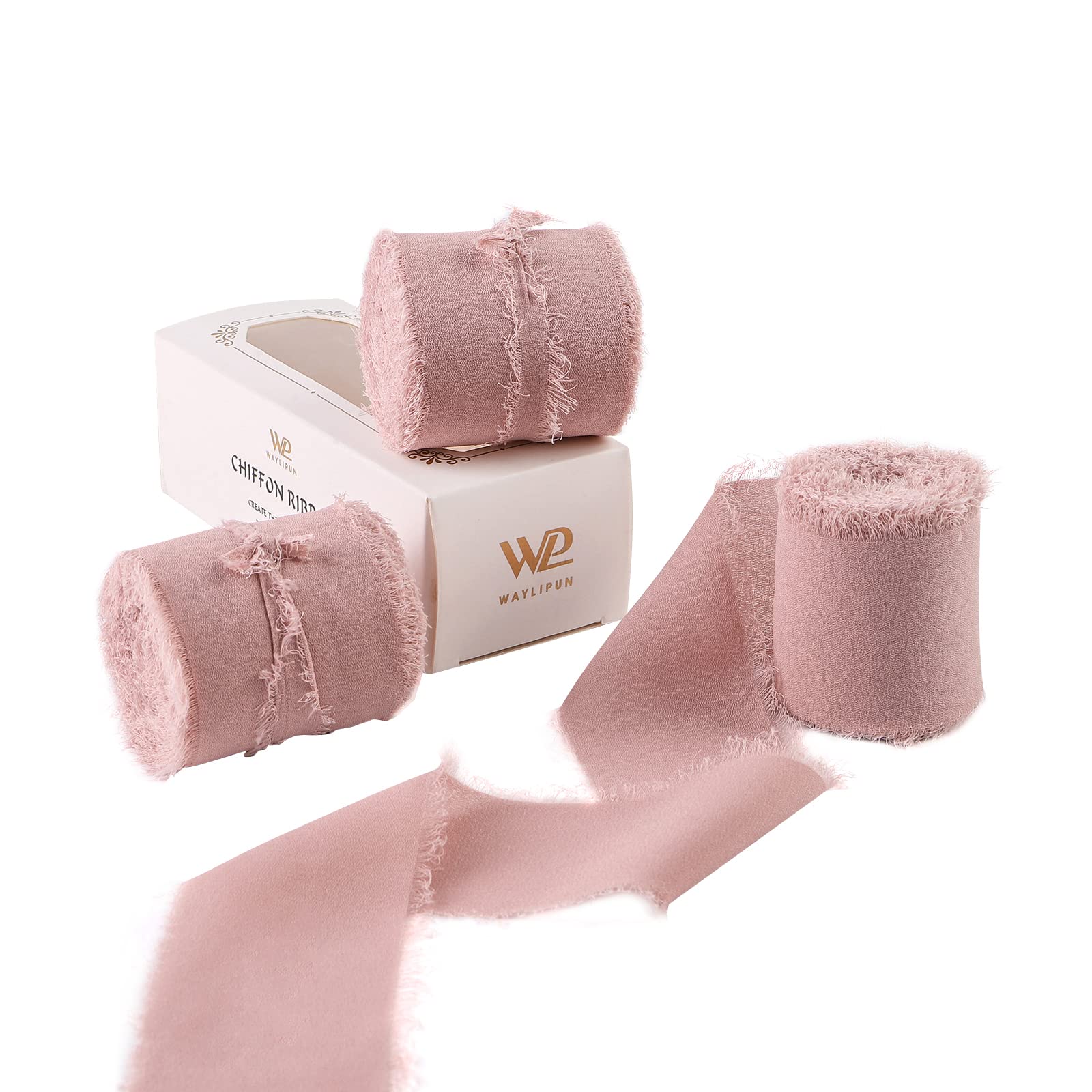 Waylipun Handmade Fringe Chiffon Ribbons, 3 Rolls 2" x 7Yd Total 21Yd Frayed Edge Fringe Smooth Ribbon for Wedding Invitations, Bridal Bouquets, Gifts Wrapping, DIY Crafts Decoration - Dusty Pink