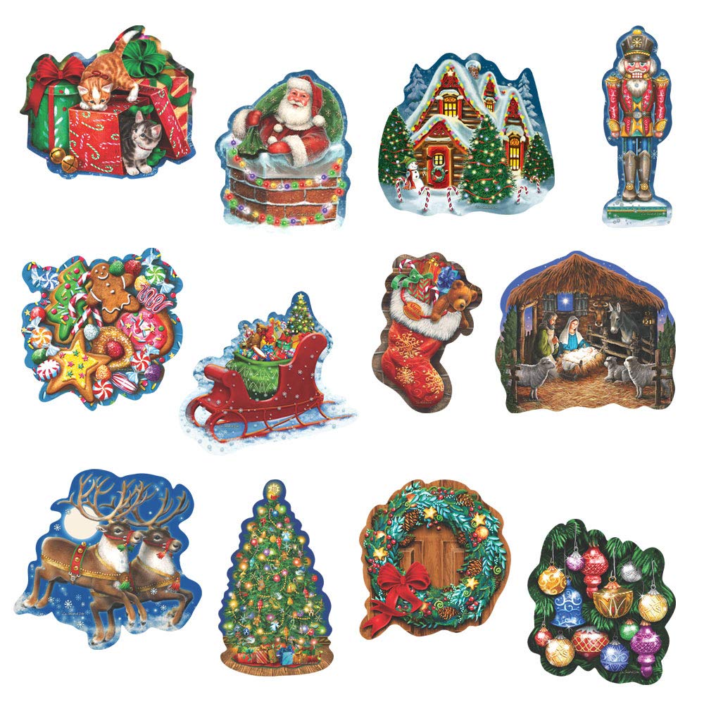 Bits and Pieces - 750 Piece Jigsaw Puzzle for Adults - Christmas Celebration - 750 pc Mini Shaped Holiday Santa Cookie Stocking Sled Tree Wreath Jigsaw by Artist Liz Goodrick-Dillon