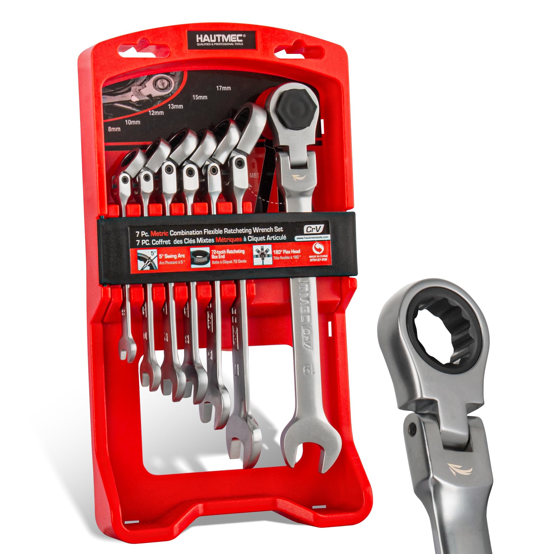 HAUTMEC 7-Piece Flex Head Ratchet Spanner Set, Ratcheting Combination Wrench Set with 72-Tooth 5° Swing Arc, 180° Pivoting Head, Metric 8-19mm, CRV Steel Mechanics Tools for Mechanics, Auto Repair