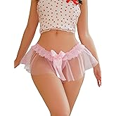 OYOANGLE Women's Sheer Mesh Thongs Cute Bow Ruffle Lace Trim Panties Lingerie Underwear