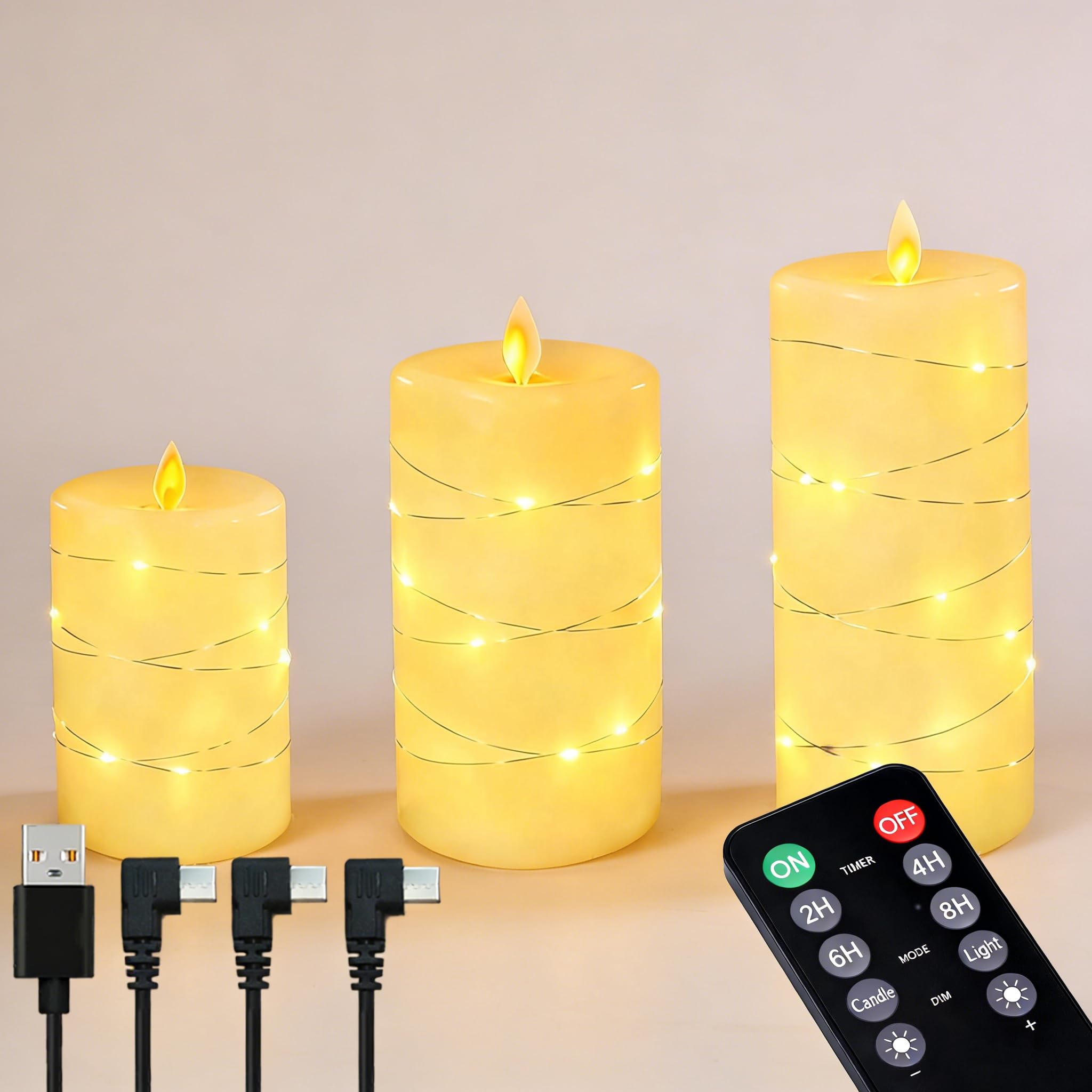 NICE POINT LED Flameless Candle,Rechargeable Flashing Pillar Real Wax Candles with Remote Control and Timer, Electronic Candles with Fairy Lights for Room Decor, Pack of 3