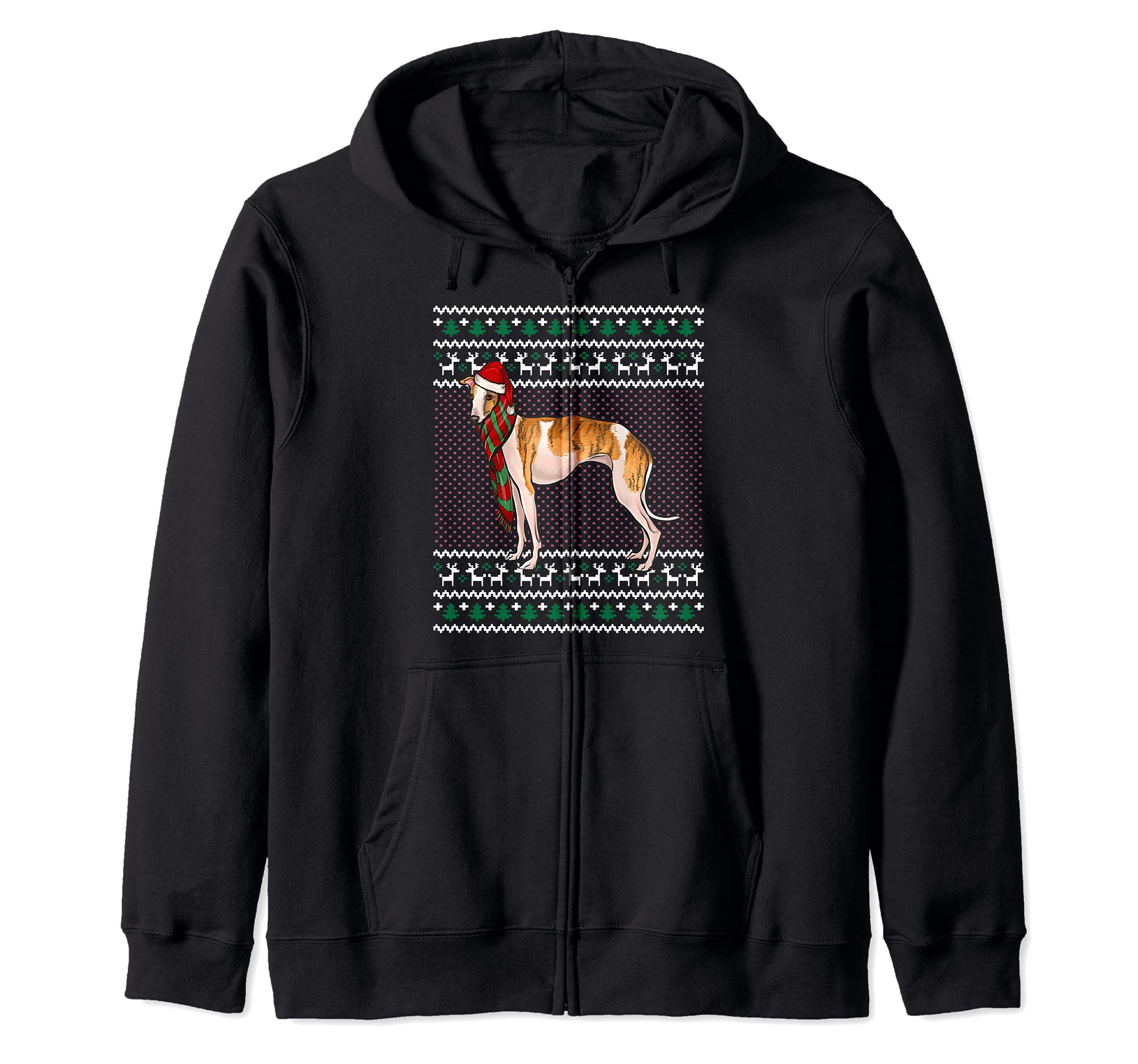 Xmas Whippet Dog Santa Hat Ugly Christmas Zip Hoodie