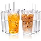 KEMORELA 6-Pack 20 oz Ribbed Glass Tumblers with Lids and Straws – Vintage Iced Coffee Cups, Reusable Smoothie & Cocktail Glasses, Durable Clear Glassware for Home, Cafe & Party Use