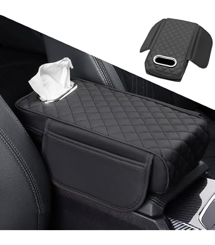 Car Center Console Armrest Cover - With 2 Cup Holders, Tissue Box Slot & Storage Pockets, Waterproof Black Leather - View #3