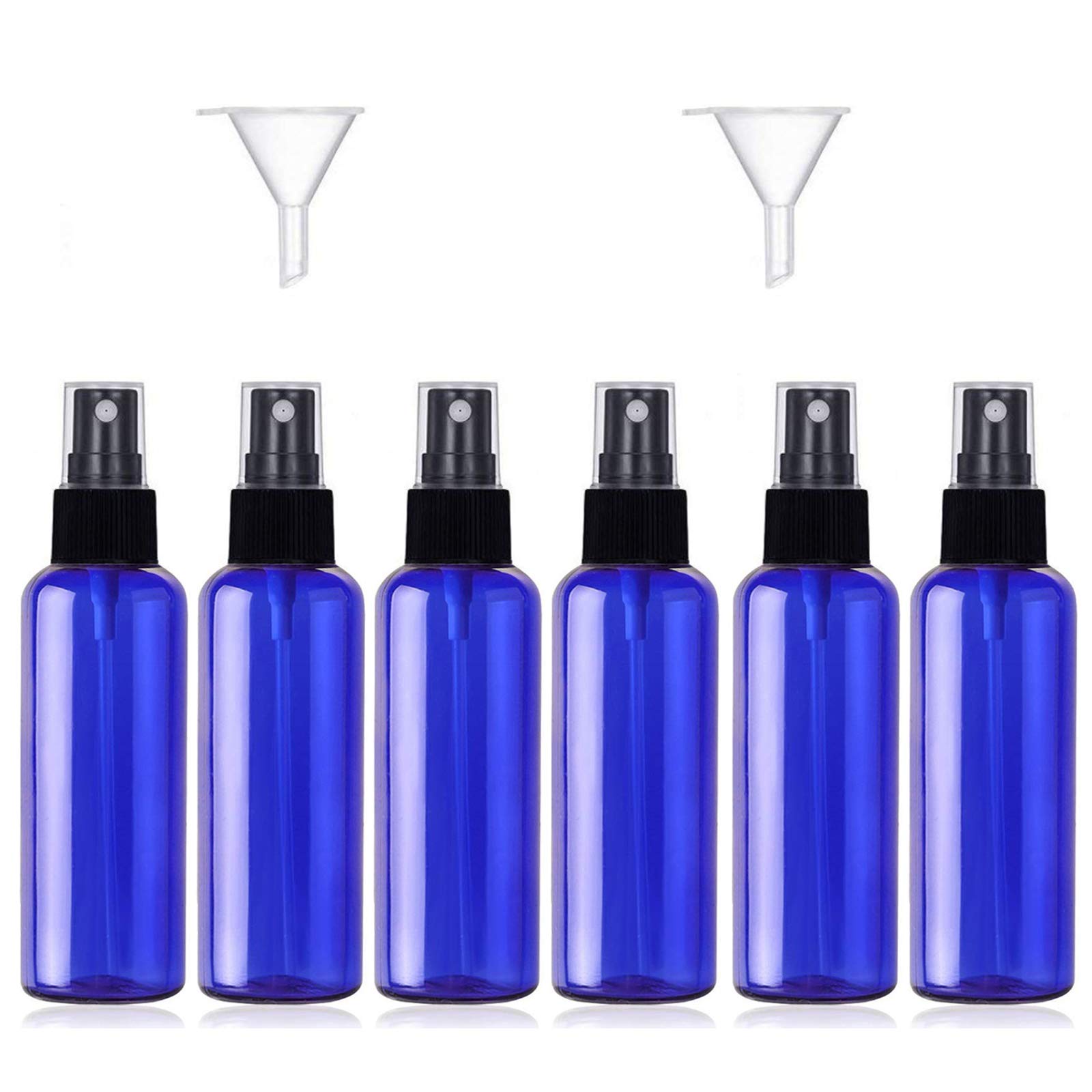 JamHooDirect 6PCS,50ml Empty Plastic Spray Bottle Fine Mist Travel Atomiser Set with 2 Funnels and 12 Labels - Refillable Travel Bottle Toiletries Liquid Containers for Cosmetic Make-up (Blue)
