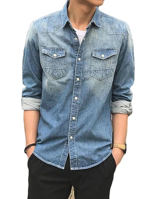 Amazon Piiteメンズ デニムシャツ 長袖 スリム 襟付き カジュアル