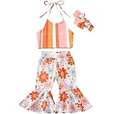 Ursobutegl Toddler Baby Girl Boho Outfits Floral Sleeveless Halter Crop Top Bell Bottom Pants Summer Clothes Set