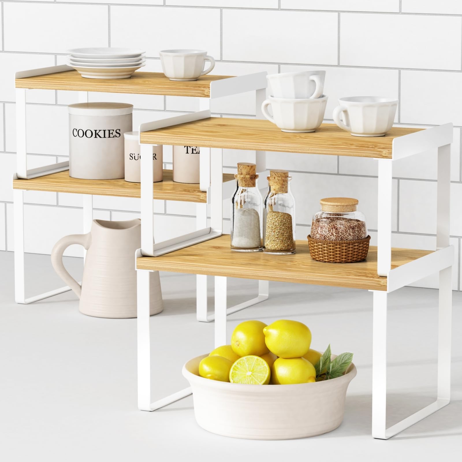 Photo 1 of Goozii Kitchen Cabinet Organizer Set of 4, Desk Shelf Riser, Stackable Cabinet Pantry Cupboard Organizer, Kitchen Counter top Shelf, Storage Rack for Spices, Plates, Bamboo Wood, White