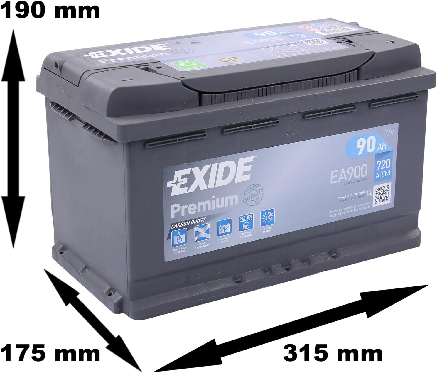 Exide Premium Carbon Boost EA900 90Ah 12V 720A(EN), other, Standard - Image 4