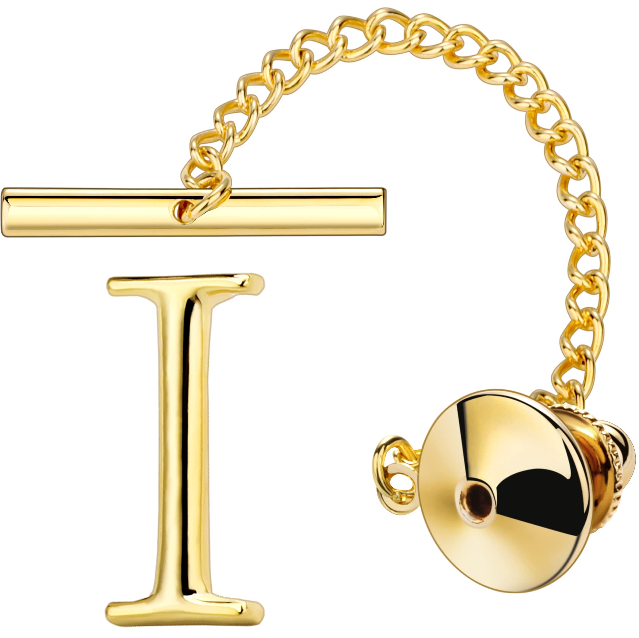 AMITER Men Tie Tack Initial Silver Gold Tie Pin with Chain - Best Accessories for Necktie, Bow Tie, Hat and Suspenders, brass, letter