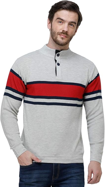 Buy TQS TSW-0001 Menâs Cotton Striped Full Sleeves Sweatshirt, Buttoned High-Neck Sweater (S) at 
