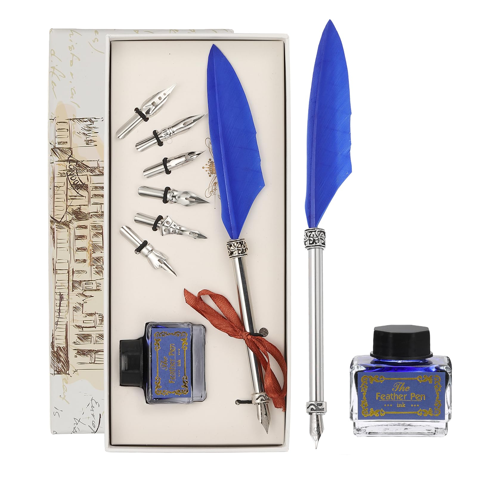 PATIKIL 21.5cm/8.5" Carved Feather Pen Set, Vintage Quill Pen with Ink Set 6 Replacement Nibs for Calligraphy Writing Office Dip Pen Wedding Gifts, Dark Blue
