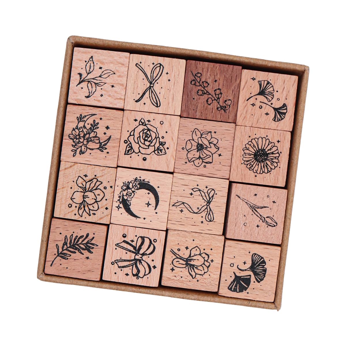 VOANZO 16 Pc Wooden Rubber Stamp Set - Decorative Combining Plants & Stars for DIY Crafts & Card Making