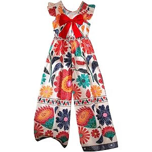 WDIRARA Girl's Floral Ruffle Cap Sleeve Jumpsuit Bowknot Back Wide Leg Pants Romper