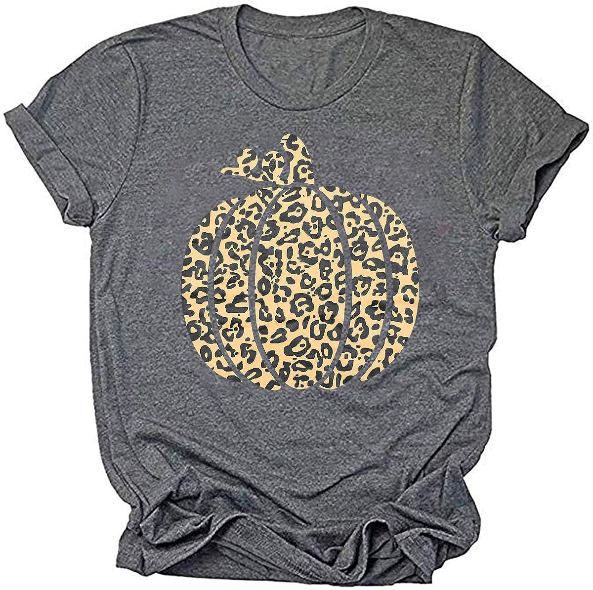 Woffccrd Womens Funny Leopard Pumpkin Printed Shirts Halloween Short Sleeve Graphic Tees Fall T-Shirts Tops: Clothing