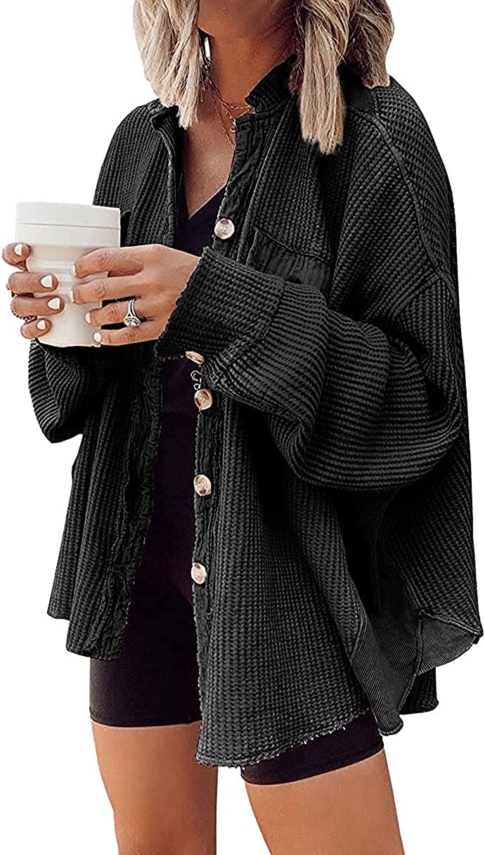 Photo 1 of chouyatou Women's Loose Fit Batwing Sleeve Waffle Knit Button Down Shirt Shacket Tops (Medium, Black)