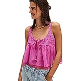 Women’s Lace Trim Tank Top Tie Front Eyelet Floral Y2K Cami Top Button Down Sleeveless Scoop Neck Crop Tops
