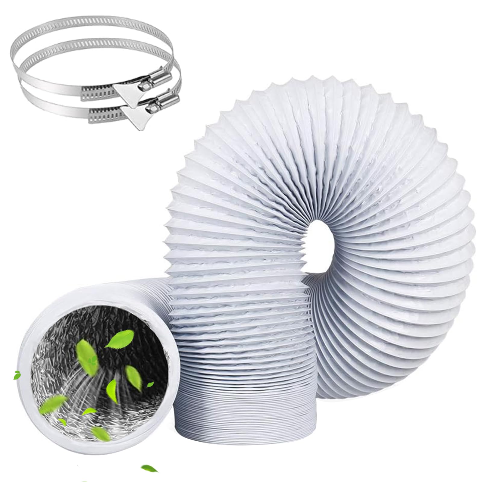 Tumble Dryer Vent Hose 4Inch 10FT(3m) Long Flexible Aluminum Air Ducting 100mm PVC White 4Layer Dryer Ducting Pipe with 2 Stainless Hose Clips(91-114mm) for HVAC Ventilation, Extractor Fan System