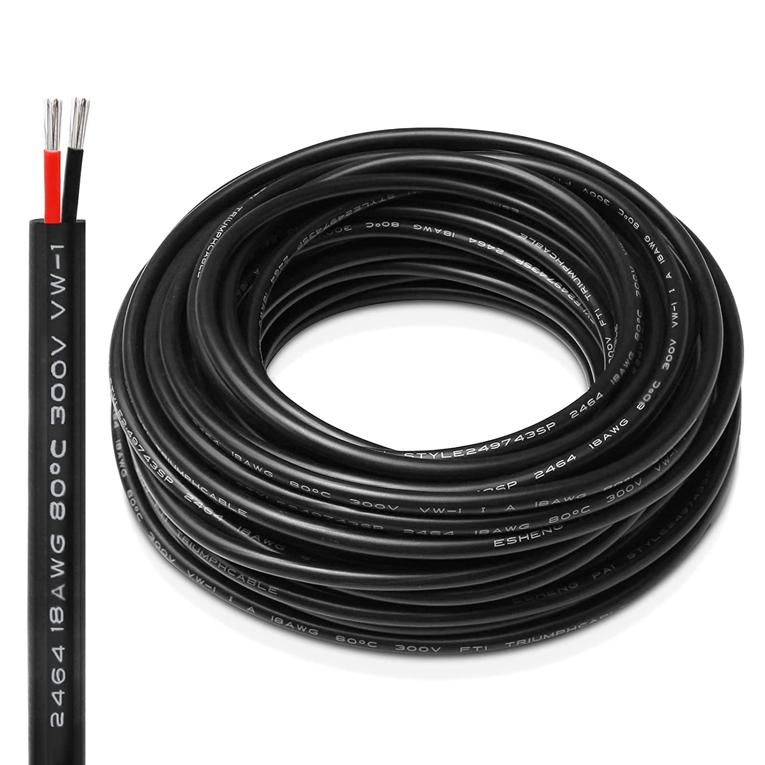 20M/65.6ft 12V Low Voltage Wire, Outdoor Landscape Lighting Cable, 2*0.75mm² Conductor Extension Cable, 18AWG Electrical Cord Red & Black Tinned Copper Hookup Wire Kit, 2 Core with Black Reel Package