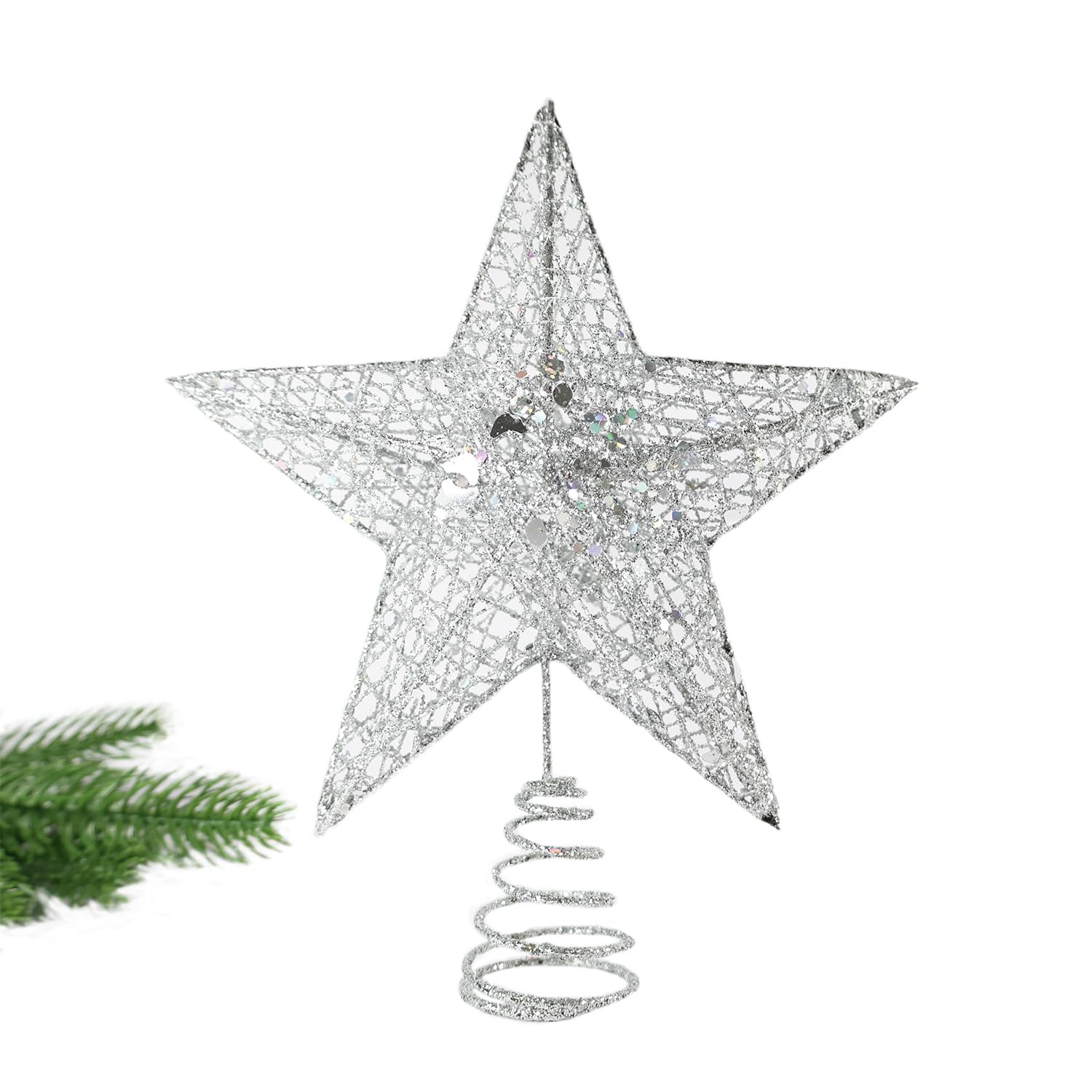 23CM Christmas Tree Topper- Christmas Tree Star for Xmas Decorations- 3D Glitter Sliver Christmas Tree Topper- Star Tree Topper for Christmas Tree, Outdoor Indoor Party (Sliver)