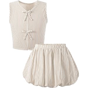 LuxyBear Girls 2 Piece Outfit Cotton Bubble Skirt Set Striped Sleeveless Top with Bows Summer Casual Clothes