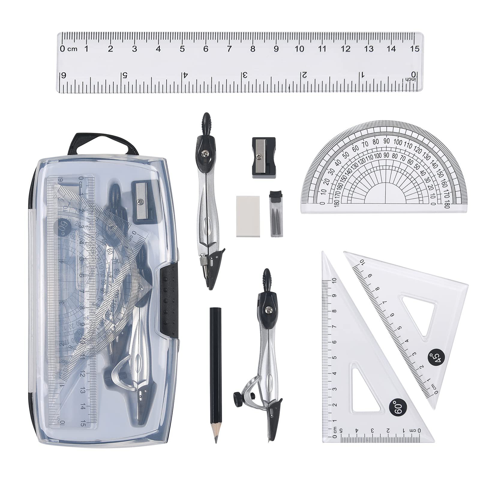 Vicloon Geometry Compass Set, 10pcs Maths Set in Carry Case, Educational Supplies wiht 2 Types Drawing Compasses, Maths Protractor Set, Ruler Set, Pencil, Eraser, Sharpener for School, Engineers