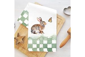 Watercolor Bunny & Butterfly Kitchen Towels, Green Plaid Spring Print Absorbent Microfiber Decorative Dish Cloth Tea Towel, W