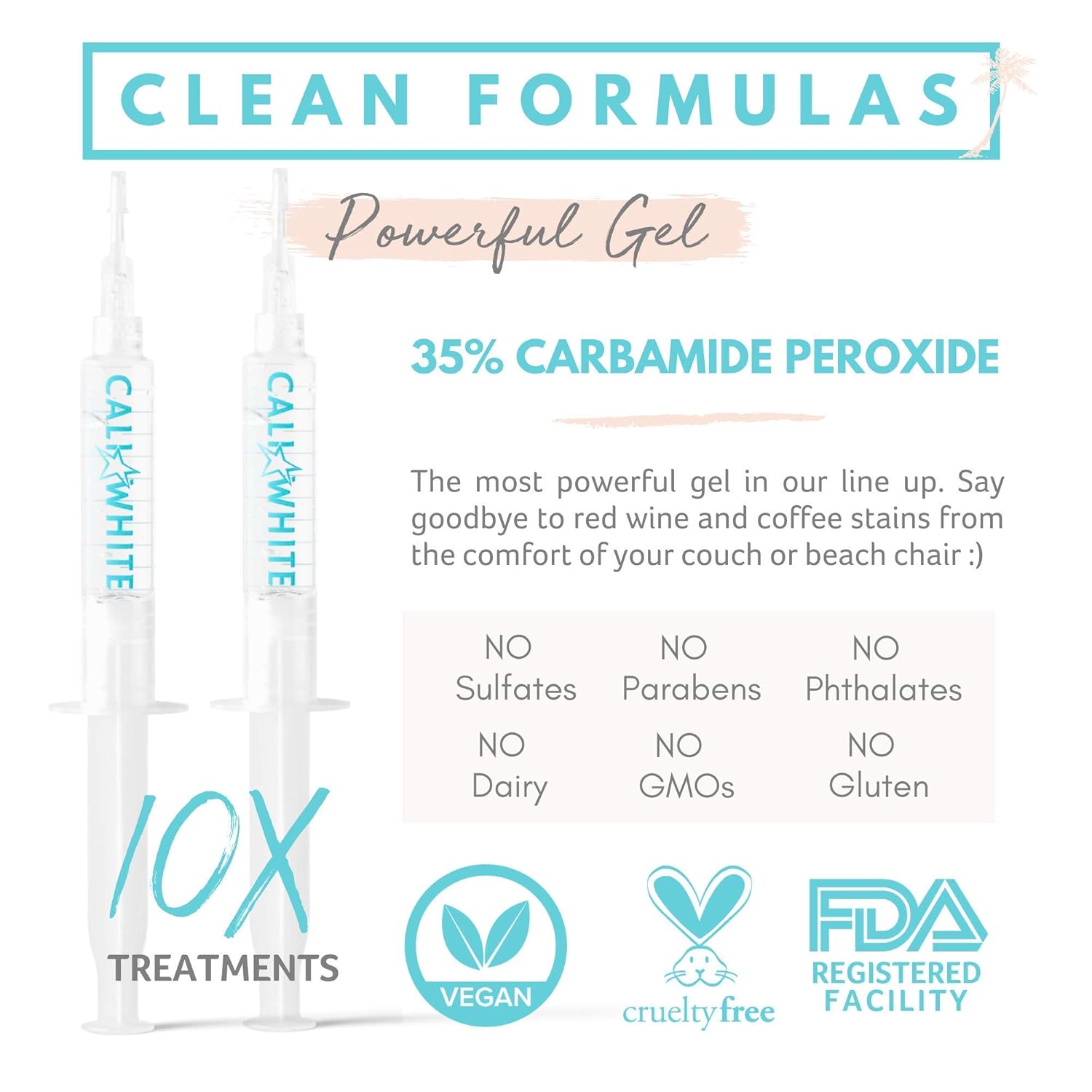 Cali White Vegan Teeth WHITENING KIT with LED Light, Made in USA, Natural & Organic Peroxide Gel, Professional Dental Whitener, Best Home System: 2 X 5mL Syringes, Custom Trays, Retainer Case: Beauty