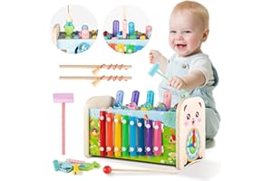 Chefic 7 in 1 Toddler Montessori Toys for 3 Year Old Baby Boy Girl, Wooden Educational Baby Toys with Pounding Bench Xylophone Fishing Game, Birthday Gift for 3 Year Old