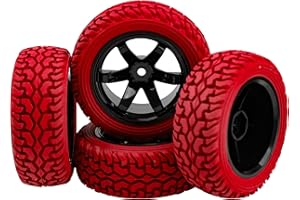 HIRCQOO 75mm/2.95'' Rubber Tires & Plastic Wheel Rims 12mm Hex Hub Compatible with Traxxas 4tec 2.0 HSP Tamiya HPI Kyosho 1/10 On-Road Touring Car, WLtoys 1/14 144001 RC Buggy (Red)