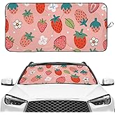 Cute Pink Berries Strawberry Girly Fresh Windshield Sunshade for Car SUV Truck Foldable Uv Ray Reflector Front Window Sun Shade Visor Shield Cover